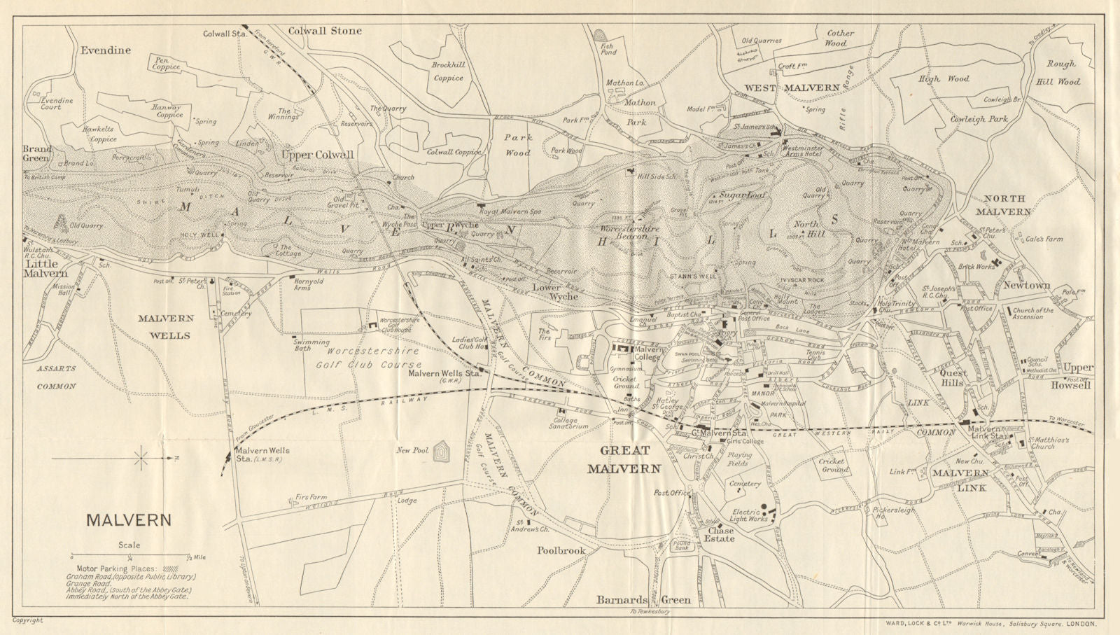 MALVERN HILLS area & Great Malvern town/city plan. WARD LOCK 1938 old map
